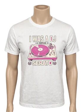 White Short-Sleeve Graphic Tee with Pink Turntable Print